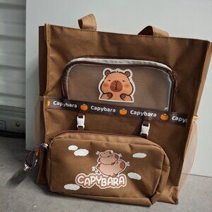Brown Capybara-Themed Backpack Detachable Pouch Zipper Closure Cute Animal Print